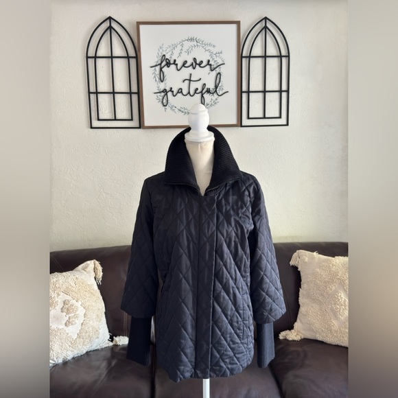 Eileen Fisher Black Quilted Puffer Jacket With A Ribbed Collar And Cuffs Size M - Picture 3 of 14
